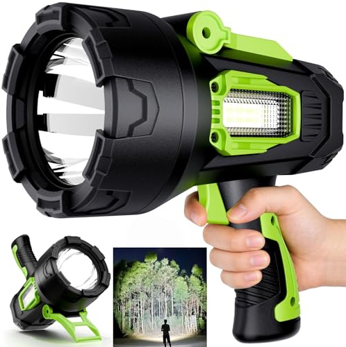taoquwe Projecteur rechargeable, 200 0000 lm, super lumineux, lampe de poche LED haute luminosité, grand projecteur d'extérieur avec trépied pliable pour bateau, camping, chasse