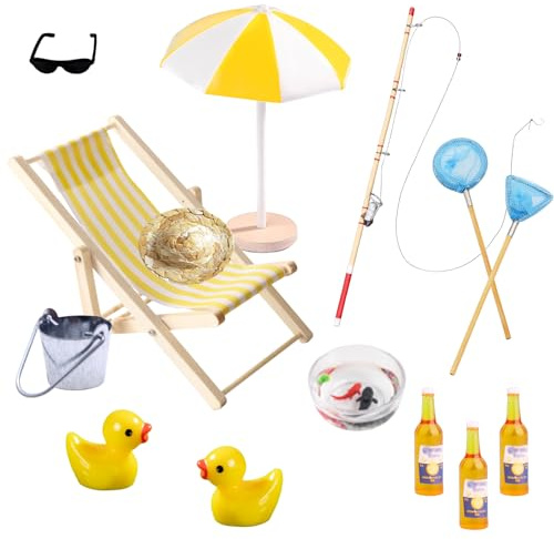 14 Stück Miniatur Zubehör Angelrute Set, Wichtel Zubehör Puppenhaus Deko, Sommer Strand Theme mit Strandstuhl, Schwimmringe, Sonnenschirme, Fischernetze, Angelset Deko 1:12 Miniaturmodell