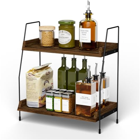 KDIUD Gewürzregal Stehend, 2 Etagen Holz Regal Küche, Küchenregal Arbeitsplatte, Spice Rack, Organizer Für Die Arbeitsplatte, Küchen Deko, Tischregal, Geeignet Für Küchen, Kaffeestationen und Büros