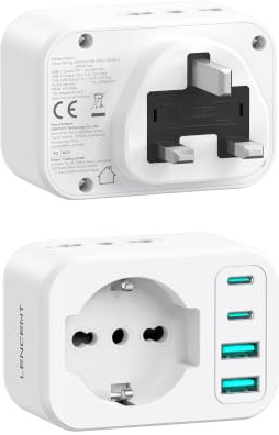 LENCENT Adattatore Presa Inglese da Viaggio, 7 in 1 Spina Tipo G con | 1 Presa Schuko e 2 Prese IT e 4 Porte USB, Presa UK da Viaggio per Regno Unito, Irlanda, Dubai, Maldive, Malta, Scozia -3250W