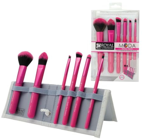 MODA Royal & Langnickel - Set di pennelli da trucco per il viso con custodia, include cipria, fondotinta, ombretto angolare, smoky eye, eyeliner per sopracciglia e pennelli per labbra a punta, rosa