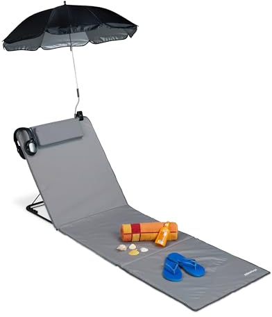 Relaxdays Strandmatte, gepolsterte Strandliege XXL mit Sonnenschirm, 3-stufig verstellbar, Kopfkissen, tragbar, grau