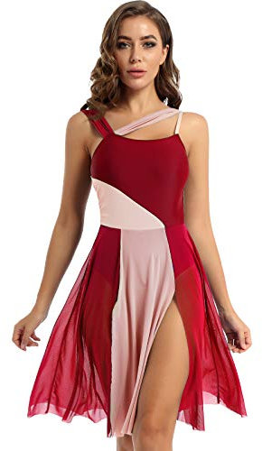 inlzdz Damen Ballettkleid Lange Tanzkleid mit Mesh Rock Ärmellos Ballett Trikot Body Turnanzug Leotard Kleid Elegant für Lyrischen Modern Tanz Dancewear Burgundy XL