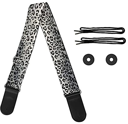 HUIACONG Bass-Gitarrengurt, personalisierbar, mit Leder-Ende, für Frauen und Mädchen, Geschenk, Grau-silberner Leoparden-Druck, One size