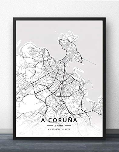 Cuadro Sobre Lienzo,A Coruña España Mapa De La Ciudad Imprime Carteles Pintura Mural Arte Retro Pintura Rectángulo Imágenes Arte Pop Para Sala De Estar Dormitorio Decoración Del Hogar, 30X40Cm /