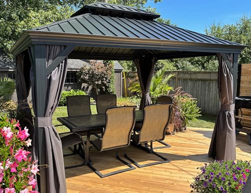PURPLE LEAF Tonnelle de Jardin Exterieur 3,65 x 3 m Gouttière Intégrée Gris | Notice détaillée incluse, Charge neige : 1134 kg, Toit double en acier galvanisé, Moustiquaire 260 g/m² et rideaux, 10,95 m²