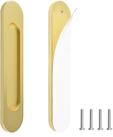 MOROBOR Selbstklebende ovale Griffe für Schiebetüren, 2 Stück, aus gebürsteter Aluminiumlegierung in gebürstetem Gold, Griff ohne Punzierung, für Schiebetüren, Fenster, Schränke