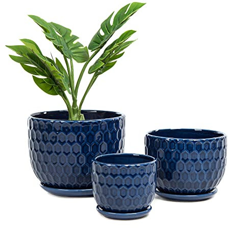 Nattol Ceramic Flower Pots with Drainage Hole and Saucer, North European Style Round Indoor Succulent Planters with Honeycomb Inspired Texture Design, Small to Medium-Sized, Set of 3, Navy Blue