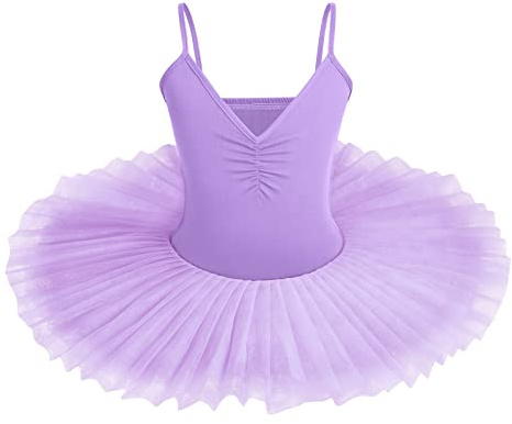 IBAKOM Kinder Mädchen Ballettkleid Schwanensee Kostüm Tanzen Tutu Kleid V-Ausschnitt Camisole Trikot Tanzkleidung Ballerina Gymnastik Spaghettiträger Ärmelloses Tanzoutfit Helles Lila 7-8 Jahre