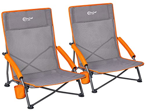 PORTAL Folding Beach Chair Low Lightweight 2 PCs Portable for Adults Foldable Beach Seat Camping Festival Picnic Deck Chair Outdoor Collapsible with Cupholder Mesh Back Padded Armrests Supports 150KG