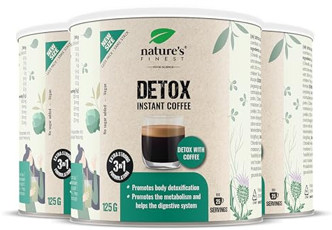 Nature's Finest Detox Coffee, Instant-Kaffee 375 g (3er Pack) | Instant-Kaffee (20 % Arabica) mit Chlorella, Mariendistel- & Artischockenextrakt - vegan, schnell aufgegossen