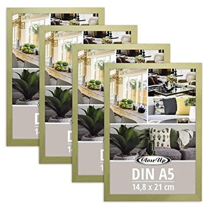 Close Up Bilderrahmen 4er Set DIN A5 (14,8 x 21 cm) | Holzdekor (MDF) Gold mit Rückwand und Aufsteller | PVC-Scheibe (unzerbrechlich) Profilbreite 15 mm