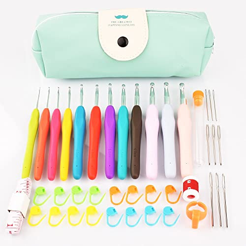 Awxevcik 41-teiliges Häkelnadel-Set, stumpfe Nadeln, Garn, Stricken und Häkelnadeln, Häkelset für Anfänger, ergonomischer Griff, Häkelnadeln für arthritische Hände