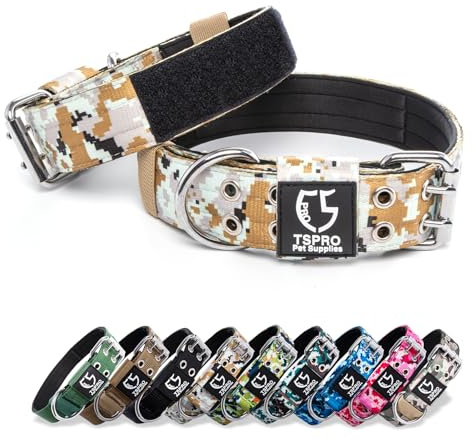 TSPRO Taktisches Hundehalsband, Verstellbares Halsband Hund mit Metallschnalle und Flicken, Haltbar und Dick, für Mittelgroße bis Große Hunde (Camo Khaki M+)