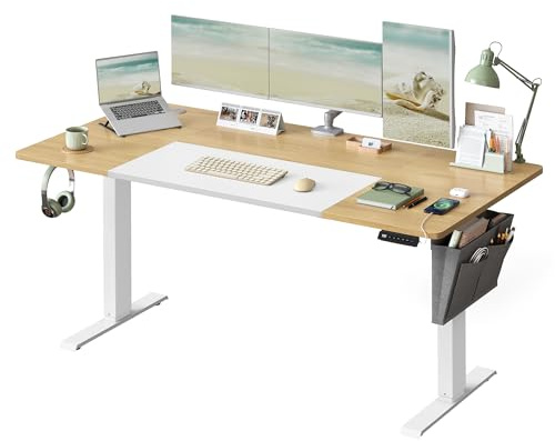 SONGMICS Escritorio Eléctrico, Regulable en Altura, 160 x 70 cm, Regulación Continua, 4 Alturas de Memoria, Puerto USB-C, Roble Natural y Blanco Mate LSD026N01