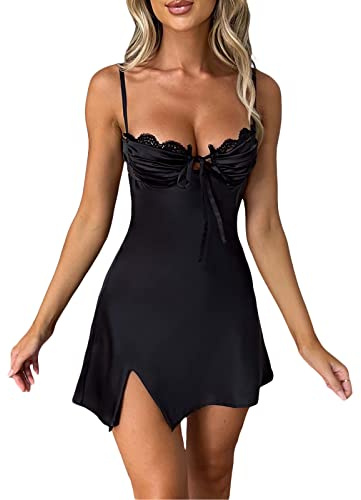Dazzerake Abito Sottoveste in Raso da Donna con Cinturino Y2K Solido a V Profondo Aperto sul Retro Regolabile con Bretelle Sottili a Vita Alta (Azzurro A, L)