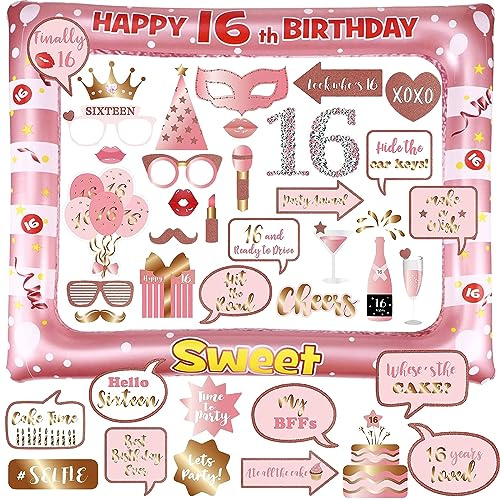 16. Geburtstag Fotobox Accessoires Aufblasbar Fotorahmen 40 Stück Foto Requisiten Sweet 16 Rose Gold Photo Booth Geburtstag Deko Party Selfie Rahmen Geburtstagsdeko für Mädchen