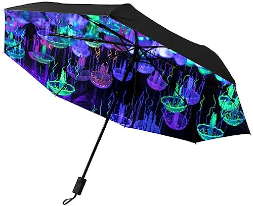 GISPOG Automatischer faltbarer Regenschirm, Hintergrundbeleuchtung, Quallen, Neon, wasserdicht, kompakt, Sonne und Regen, Reise-Regenschirme, einfarbig, Einheitsgröße