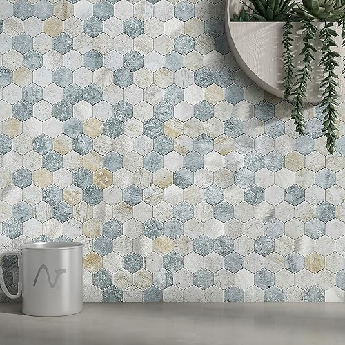MOFIT Lot de 5 autocollants muraux hexagonaux 3D, effet marbre et mosaïque métallique résistants à la chaleur (bleu vert gris)