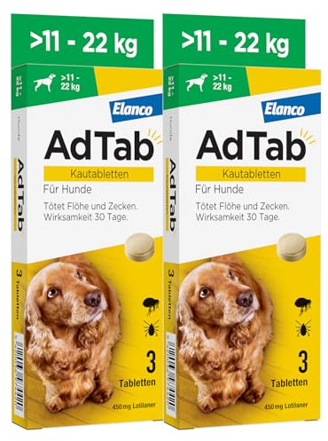 AdTab Hund 11-22 kg - Kautablette gegen Zecken & Flöhe, Doppelpack(6 St.) | Kleine Kautablette mit Rindfleischgeschmack. 3 Monate Floh- & Zeckenschutz für deinen Hund, schnelle Wirkung & einfache Gabe.
