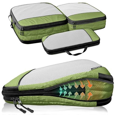 LOONARA Bolsas de compresión para maletas y mochilas [3 unidades] - Cubos de almacenamiento compresibles, organizadores que ocupan poco espacio para el equipaje – (Oliva Odisea - Verde)