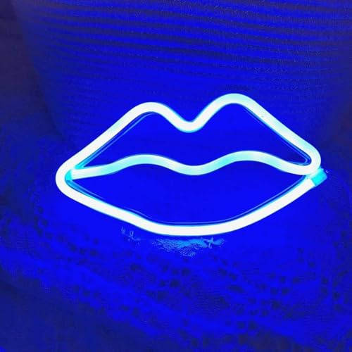 JEMESI Letreros de neón, lindo letrero LED de neón, luz de neón de labios azules, luces de neón en forma de labios, letreros de luz alimentados por USB y pilas para decoración de pared, dormitorio,