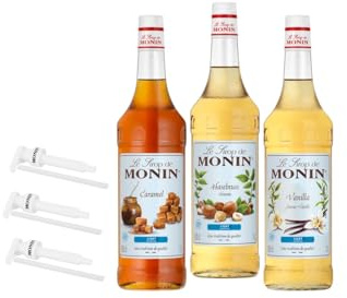 MONIN Zuckerfrei Kaffee Sirup Set 3 x 1,0 l inkl. Pumpen | Zuckerfreies Sirup Set inklusive Pumpen - Vanille, Karamell & Haselnuss für Kaffee, Shakes und Desserts
