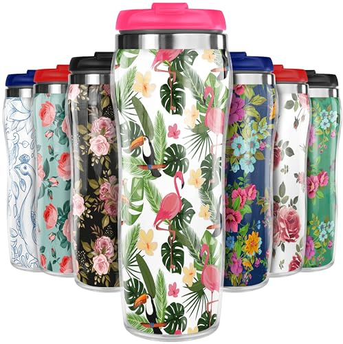 Pixly® Thermos tropical avec oiseaux et feuilles, tasse de voyage isotherme pour café et thé, 400 ml/14 oz, fleur, motif floral - Tropical Blush