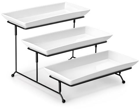 MALACASA 3 Tier Serving Platter, 12 Inch Porcelain Cake Stand with Black Mental Display Stand for Party Supplies, Ceramics Rectangular Serving Dishes for Dessert, Fruit, Cookies, Sushi, White