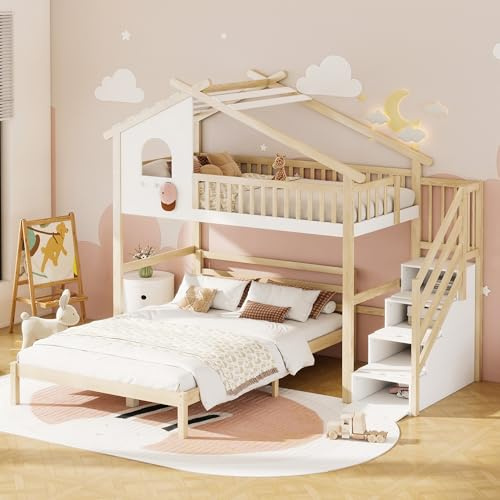 KUAKE Etagenbett für Kinder 90x200cm+140x200cm,Hochbett mit Hausleiste usd Stauraumleiter,Weiß+Natur