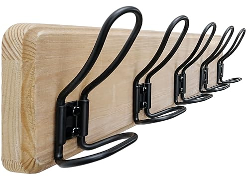 Dseap Garderobe - Stabil Vintage - Garderobenleiste Holz in Landhausstil, Rustikale Hakenleiste, Garderobenhaken Wand, Kleiderhaken mit 5 Draht-Haken Doppelt, G25A, verwittertes Braun