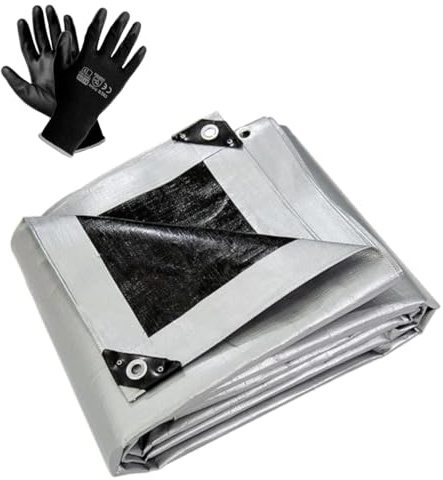 6 x 6 m Heavy-Duty Tarpaulin Cover - Silver/Black 260GSM - Waterproof, Weatherproof, Frost-Resistant, UV Protection, Multipurpose, Universal Groundsheet and Pair of Work Gloves