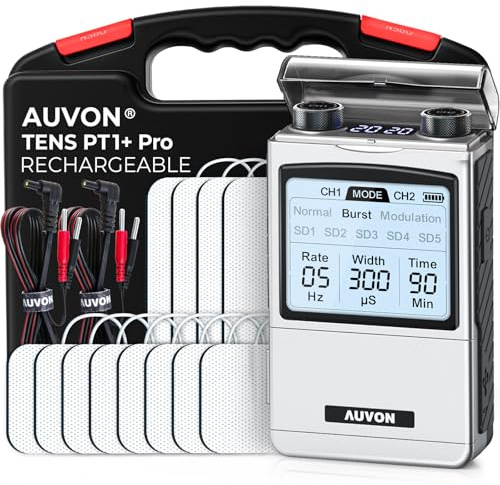 AUVON Rechargeable TENS Unit Muscle Stimulator, FSA HSA Eligible, Digital TENS Machine with 8 Customizable Modes, Electronic Massager for Sciatica, Shoulder & Back Pain Relief, 12 Pads, A Carry Case