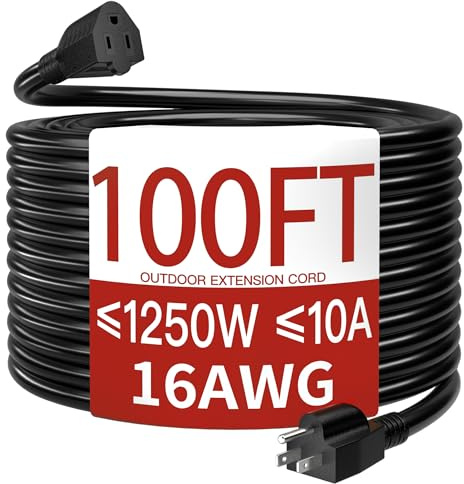 16/3 10A 125V 1250W 100 Ft Outdoor Extension Cord Waterproof, Weatherproof & Flame Retardant Black 3 Prong Power Cord Outside for Lawn & Garden, SJTW ETL Listed