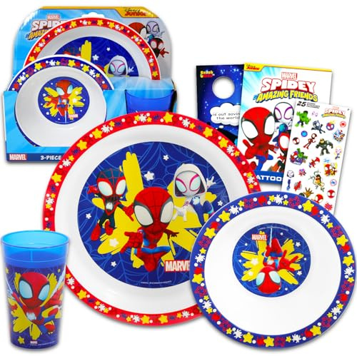 Spidey and His Amazing Friends Service de table pour enfants, tout-petits – Ensemble d'accessoires de cuisine 3 pièces avec assiette, tasse, autocollants, plus | Ensemble de couverts Spiderman
