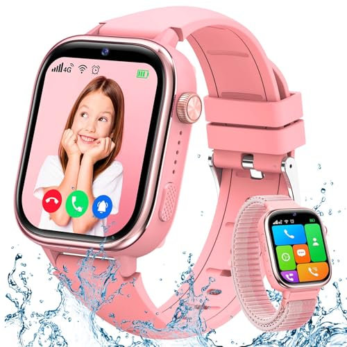 TotsyFun Reloj Inteligente Niño 4G, Smartwatch Niños GPS y Llamadas, SOS/Modo Clase/Chat de Voz/Videollamada, IP68 Impermeable, Álbum de Fotos/Podómetro/Despertador, Reloj Smartwatch para Niños, Rosa