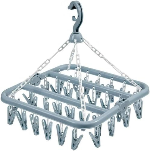 JUNEYEHX Clothes Drying Hanger with 32 Clips and Drip Foldable Hanging Sock Rack (blue)
