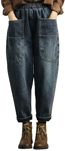 semen Women Drawstring Elastic Waist Oversized Harem Denim Pants Wide Leg Baggy Jeans with Pockets(Blue 1, UK 14/Tag XL)