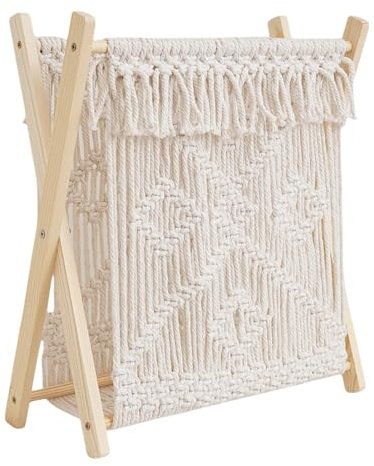 Macramé- – Zeitungsständer aus Holz und Baumwollseil, Aufbewahrungskorb für Zuhause, Boho für Bücher, Zeitungskorb, Ständer, Zeitungskorb, A