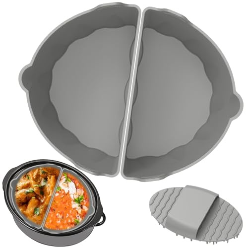 2Pcs Slow Cooker Liner, Silicone Slow Cooker Divider Liners with Handle and Cleaning Brush, Reusable Foldable Slow Cooker Divider Silicone Insert for 6-8QT Oval Round Slow Cooker Home Kitchen (Grey)