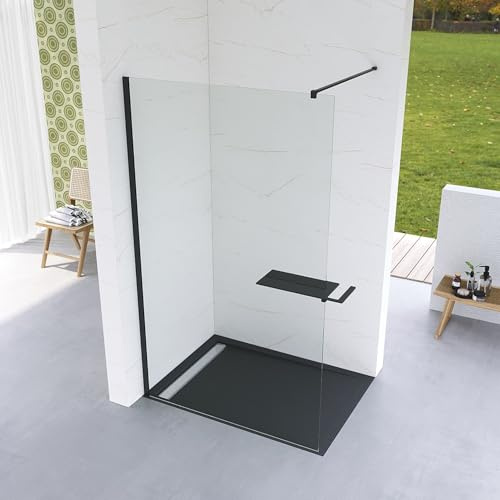 Duschwand Glas 80x200 schwarz Walk in Duschglas Begehbare Dusche Duschabtrennung mit Handtuchhalter Duschablage Duschregal Badregal Sicherheitsglas 8 mm klar NANO beschichtet mit Stabilisator