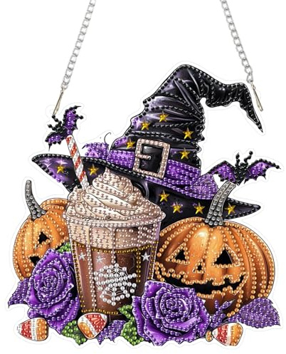 DOMROM Halloween Diamond Art Painting Anhänger, Diamond Painting Fensterbilder Anhänger, Kürbis Diamond Painting Hängende Ornament für Kinder Erwachsene Diamant Malerei Basteln Tür Wand Fenster Deko