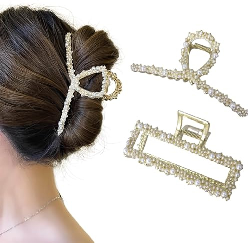 Uoocg 2 pinzas para el pelo con perlas, grandes, doradas, de metal, elegantes clips para el pelo para mujeres y niñas, accesorios gruesos para el cabello