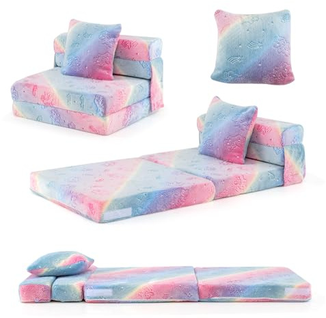 DREAMADE 3-in-1 Kindersofa, Klappbares Spielsofa aus Flanellstoff mit Kissen & leuchtenden Mustern, Abnehmbarer Bezug mit Reißverschluss, Faltbare Bodenmatratze für Kinder ab 3 Jahren