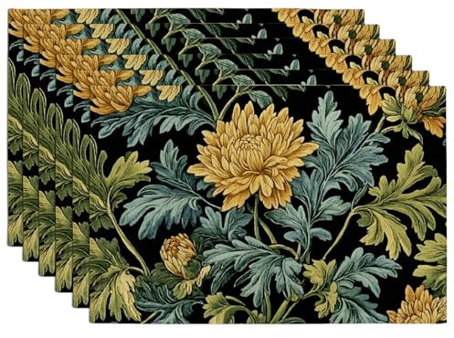 Floral Black Chrysanthemum Placemats, Autumn Table Decor, Vintage Botanical Tableware for Dining, Non-Slip Washable Indoor Outdoor Use Set of 6