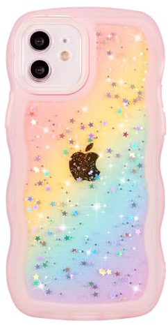 ZTOFERA Handyhülle Kompatibel mit iPhone 11 (6.1), Niedliche Wellenrahmen Funkelnde Sterne Muster, Durchsichtig Weiche TPU Schutzhülle Leichte Stoßfeste Hülle für Frauen Mädchen, Regenbogen Rosa