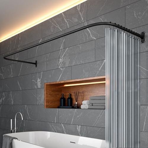 Duschvorhangstange L Form & Duschstange U Form 6 in 1 System inkl. 12 Ringe | Stabile Winkelstange Duschvorhang ohne Deckenhalterung - Duschstange Ecke Rostfrei - Duschvorhangstange Badewanne & Dusche