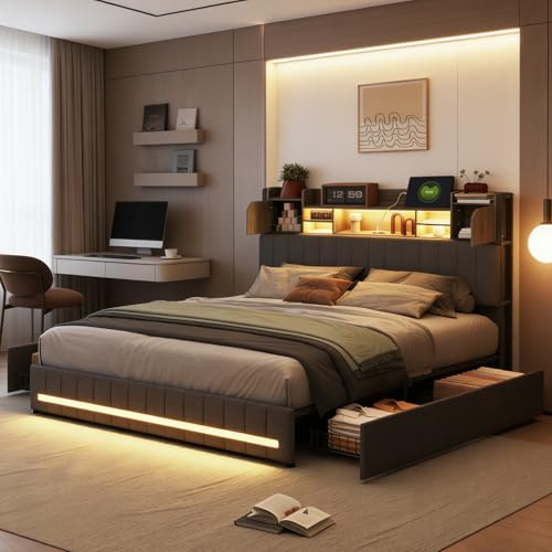 Letto 160 x 200 con Sommier LED, Struttura Letto Matrimoniale con 4 Cassetti, Testiera Imbottita con Spazio di Riordinamento, letti a 2 Posti con Doghe in Legno per Adulti e Adolescenti (Grigio Lino