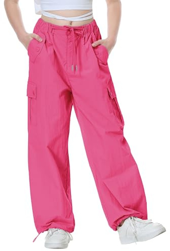 Rolanko Flickor Baggy Cargo fallskärmsbyxor, Y2K vintage joggingbyxor med justerbar elastisk midja för barn passform, fuchsia, 13-15 År