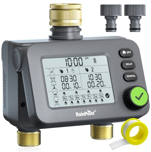 RAINPOINT Bewässerungscomputer 2 ausgänge mit Messing-Einlass und -Auslass, Garten Bewässerungsuhr mit Regenverzögerung/Automatischem & Manueller Modus, IP54 Wasserdicht/Großbild LCD-Display